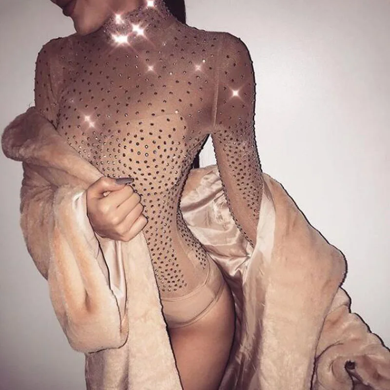 

Jumpsuit For Women 2019 Sexy high neck Sheath sequin Beach Bodysuit Female Casual mesh hollow out Overalls Body Mujer Rompers