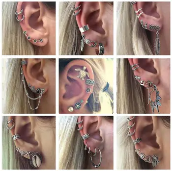 

Bohemia Women Retro Ear Clip Earrings Set Bohemian Silver Color Circle Cuff Earrings Set Cartilage Jewelry