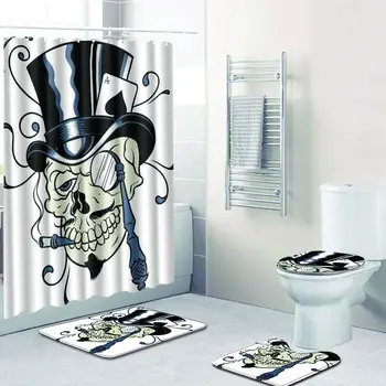 

Suger Skull Shower Curtain 4 Piece Bathroom Rug Sets Anti Slip Carpet for Home Decor 3D Bath Mats Halloween Toilet Mat Sets