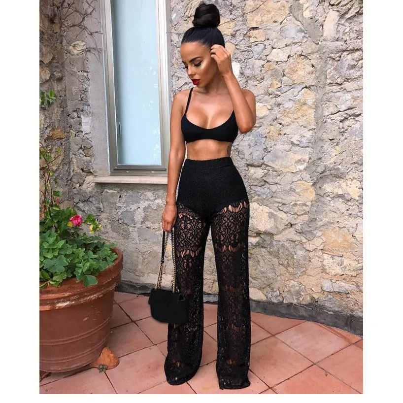 

2019 Summer Women Two Piece Set 2 PC Set Transparent Tank Tops Sexy White Lace Hollow Out Pants Set