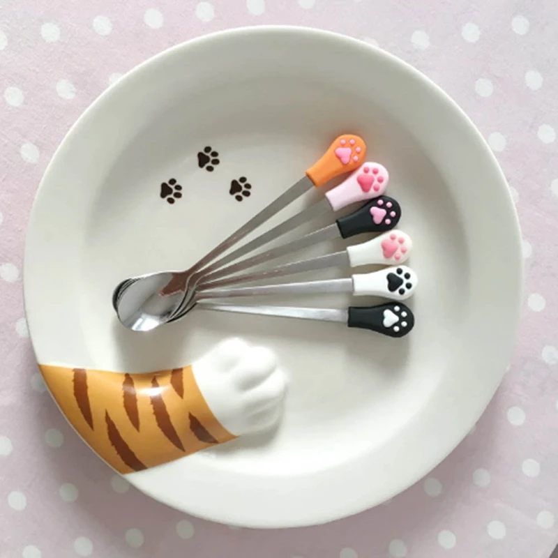 1 Pcs Stainless Steel Cute Claw Coffee Spoons Fruit Fork Dessert Spoon Candy Teaspoon Cat Drink Tableware Kitchen Supplies | Дом и сад
