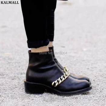 

KALMALL Genuine Leather Chelsea Boots Women Round Toe Chains Ankle Boots Side Back Zip Martin Booties Low Heels Celebrity Botas