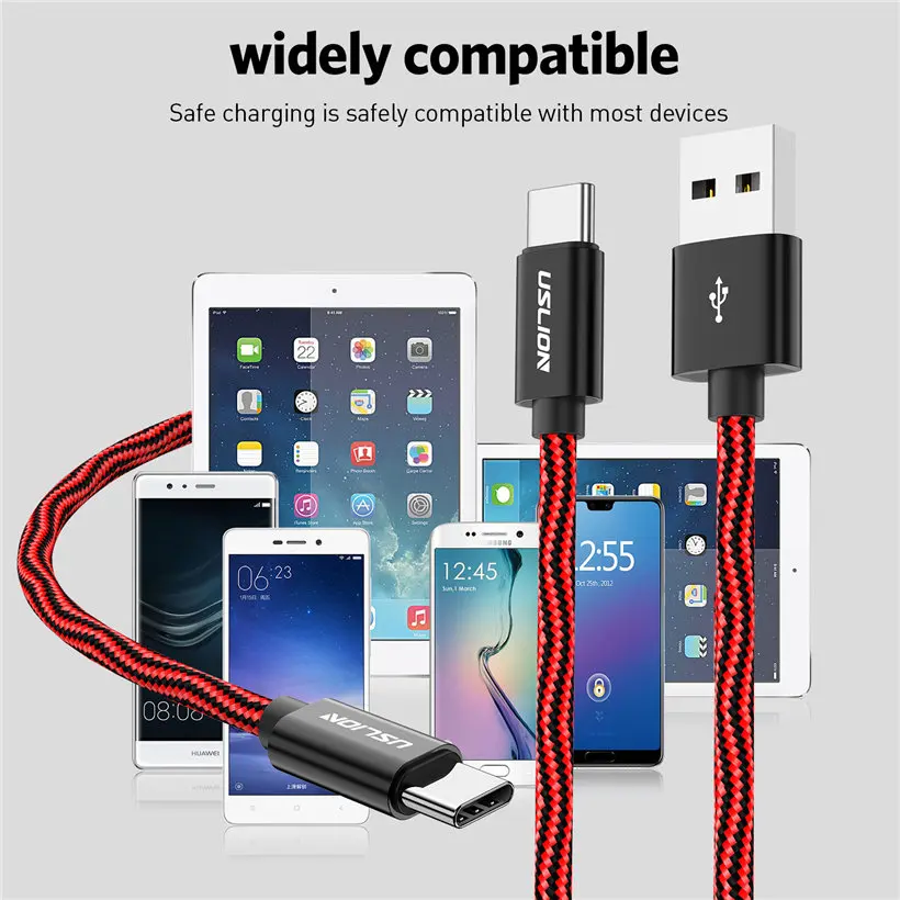 USB Type C кабель USLION для быстрой зарядки и передачи данных Samsung S9 S8 Note9 Xiaomi Mi 8 F1 Huawei Mate