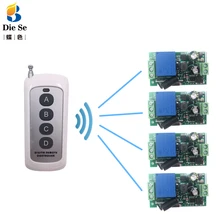 433MHz Universal Remote Control Switch AC 85V-250V 4 CH Relay Receiver Module 4 Button Remote Control Garage Light Lamp Switch