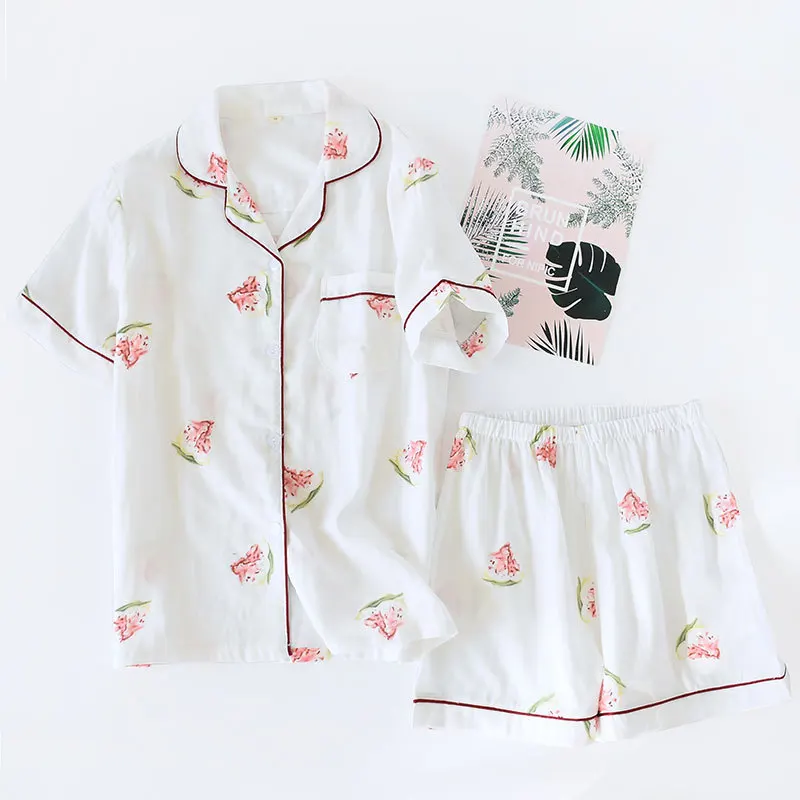 2019 хлопковые пижамы для женщин японский Простой Короткие рубашка с короткими рукавами дамы наборы ночных рубашек шорты милым принтом