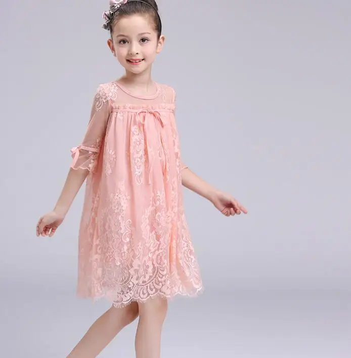 

Child Girl Lace Princess Dress New Summer Autumn Mid Sleeves Flower Wedding Party Kids Pink / Red Dress Kids Clothes