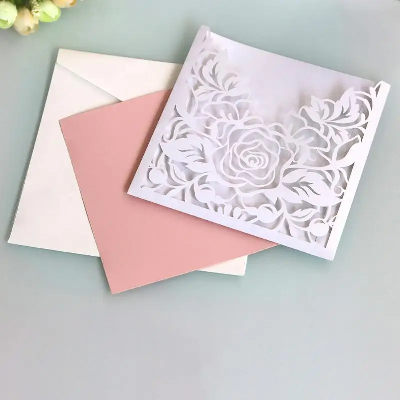  10pcs/lot Lace Pocket Wedding Invitations Cards Square Laser Cut Rose Flower Greeting Card Invitati - 32967346266