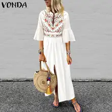 VONDA, женское богемное Платье с принтом,, сексуальное, v-образный вырез, рукав с оборками, разрезное, макси платье, Повседневный сарафан, для отпуска, белое, Vestidos S-5XL