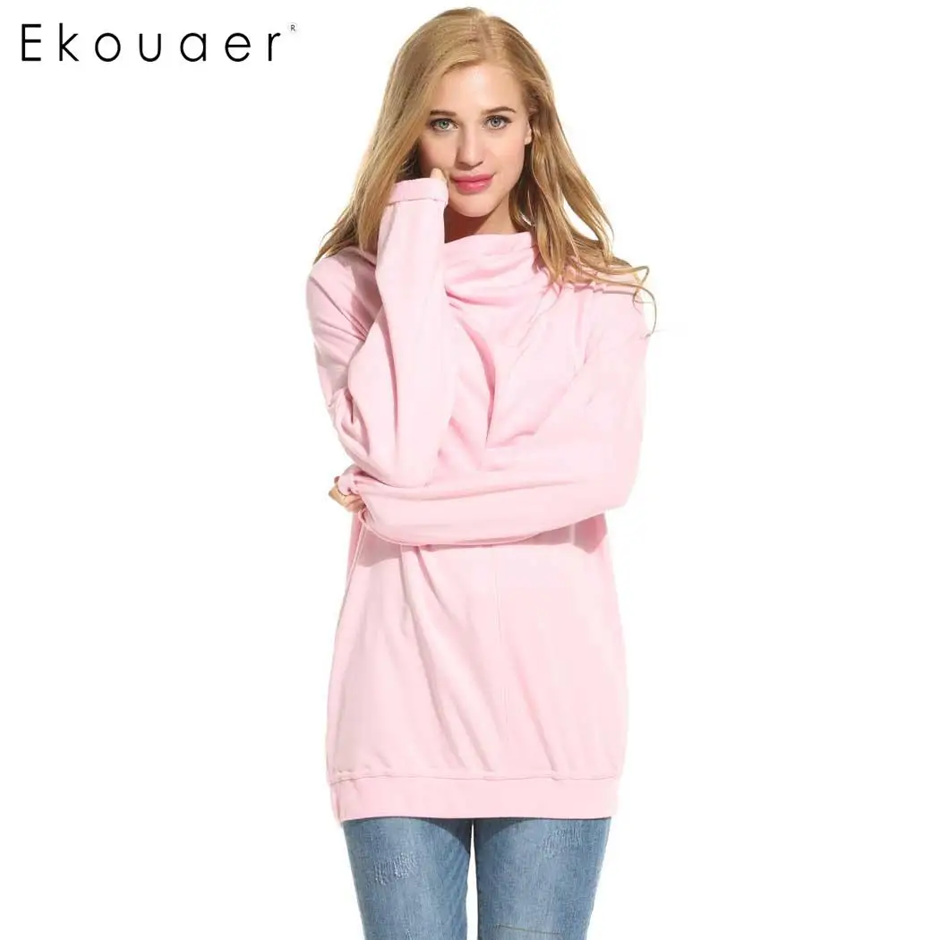 Ekouaer Women Hooded Sweatshirts Long Sleeve Solid Pleated