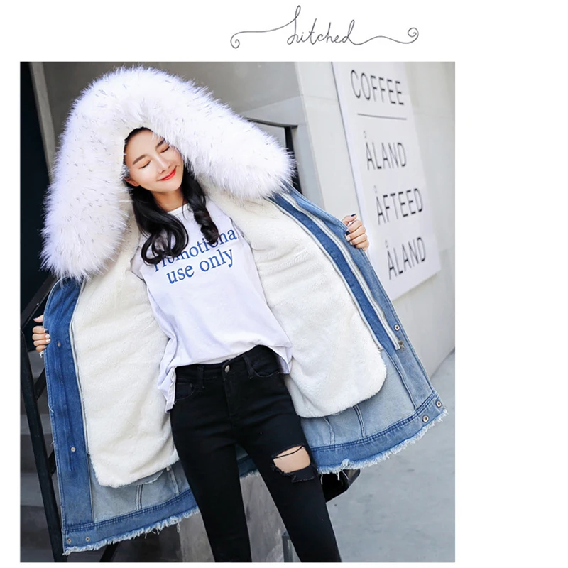 

Winter fur parka Denim jacket woman hooded winter coat long jacket women High quality faux fur lined with warm woman jacket Coat