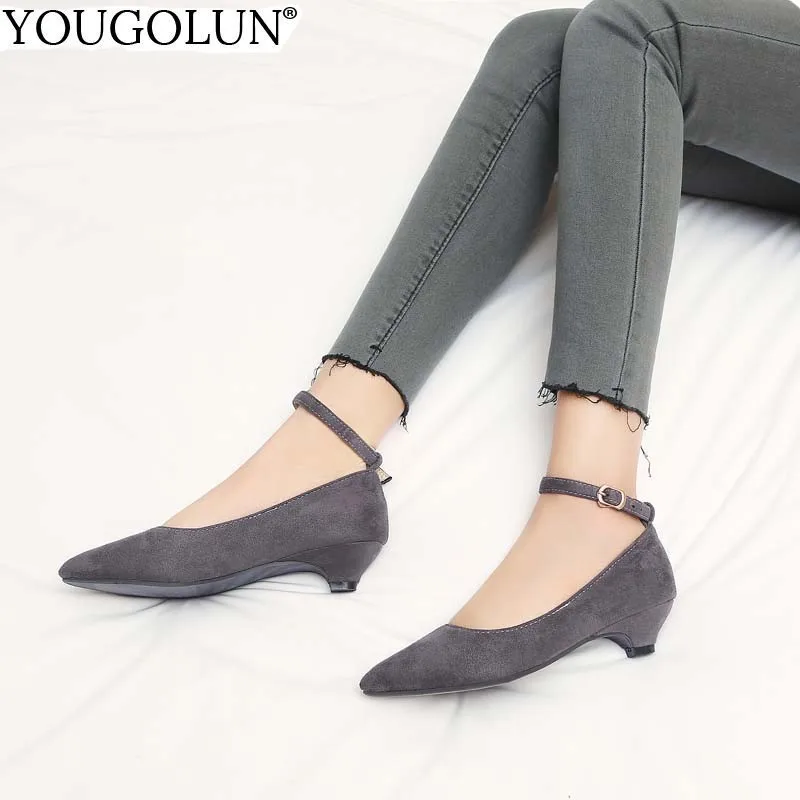 

YOUGOLUN Women Low Spike Heels Flock New Spring Autumn Gray Green Black Office Lady Shoes Elegant Woman Pointed Toe Pumps B378