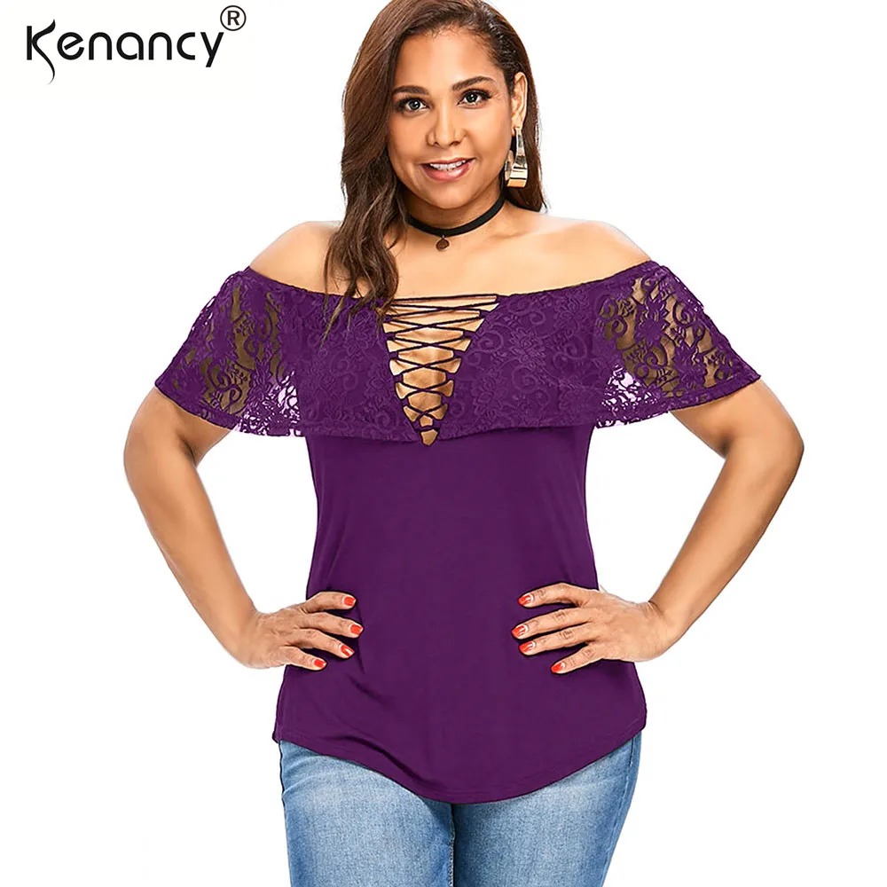 Buy Kenancy Plus Size Off Shoulder Lace Trim T Shirt Women Crop Top Sexy Black