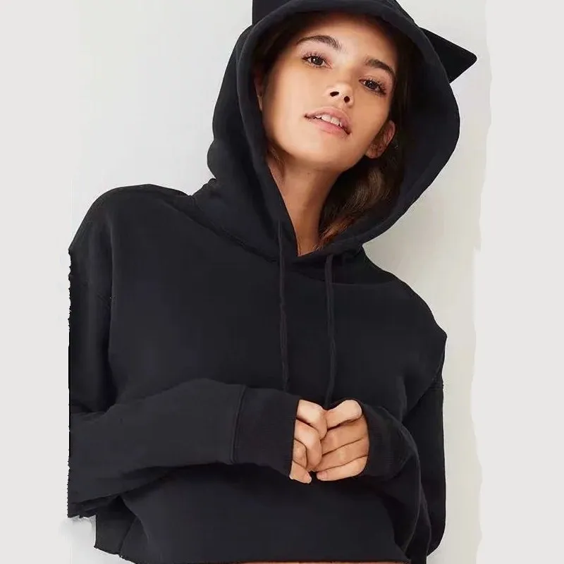 New Fashion Autumn And Winter Kitten Ears Hooded Sweatshirt Women Short Loose Tops Casual Solid Plus Velvet Lovely Hoodies New Fashion Autumn And Winter Kitten Ears Hooded Sweatshirt Women Short Loose Tops Casual Solid Plus Velvet Lovely Hoodies