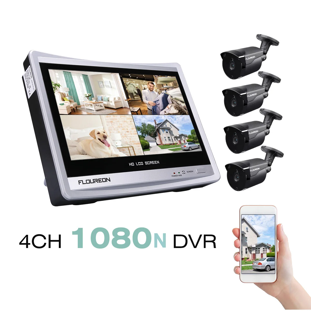 

FLOUREON Audio Security Recording Kamera System With 12" Monitor 2.0 MP 1080P Kamera Security Kit 1080N Home Video Surveillance