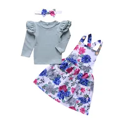 Новые Красивые комплекты одежды для маленьких девочек от 0 до 24 месяцев однотонные топы с оборками и рукавами из 3 предметов + платье на