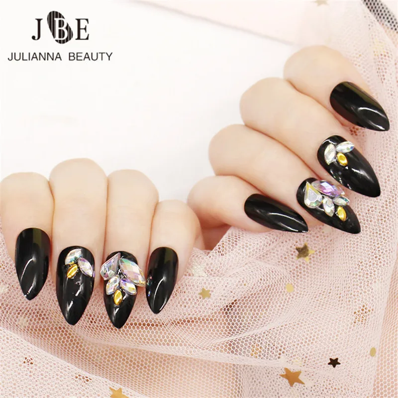 

24Pcs/box Stiletto Nails Tips Long Almond Nail Tips Pointed Head Fake False Nails ABS Artificial Stone Nail Tips 10 Sizes Black