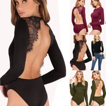 Women's Bodycon Bodysuit Long Sleeve Bandage Lace Jumpsuit Romper Leotard Top lace panel scrunch long sleeve top
