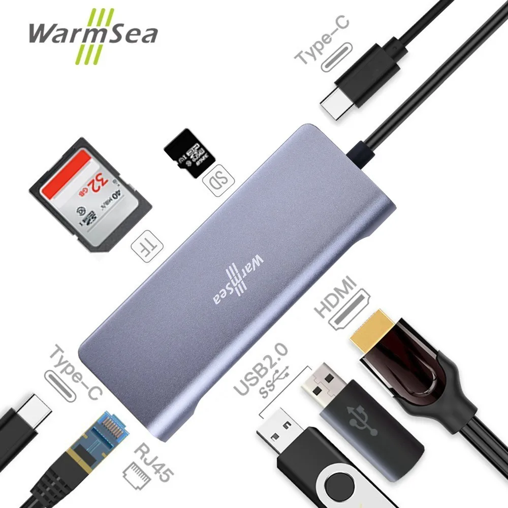 

USB Type C HUB Thunderbolt 3 Adapter USB-C Dongle To HDMI 4K with RJ45 PD USB 2.0 Ports TF Slot Micro SD Card for MacBook pro