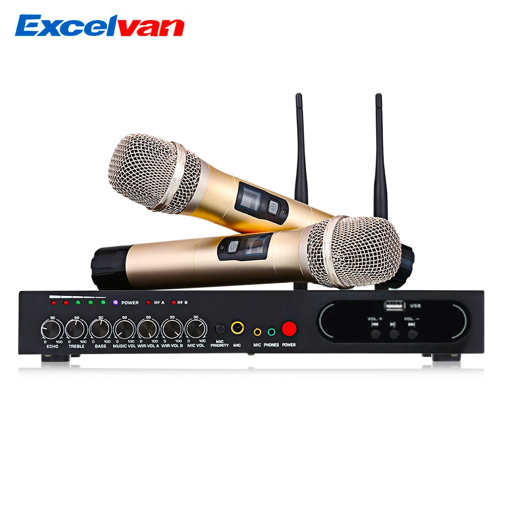 

Excelvan MU-6S Wireless Handheld Microphone Dual Channel UHF System Fixed Frequencies Bluetooth Dynamic Cartridge Echo Effect
