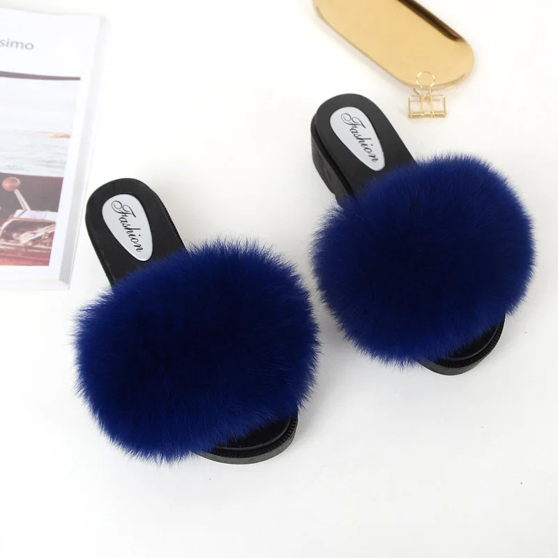 US $18.74 Real Fur Slippers Wedges Women Slides Platform Fluffy Summer Home Shoes Woman Luxury Brand Female Sandals Med Heel Fashion 2019