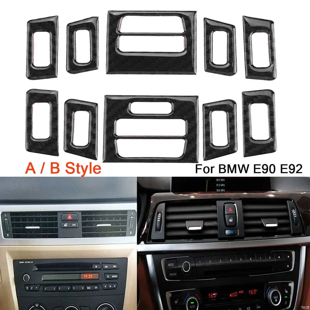 

Car Carbon Fiber Air Conditioner Outlet Vent Exhaust Fascias Radio Cover Sticker Trim For BMW E90 E92 3 Series 2005-2012