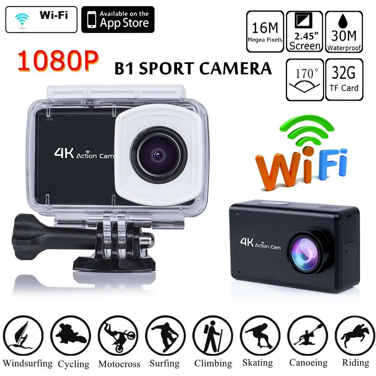 

4K WIFI B1 Model 2.45 Inch Touch Screen 170 Degree Lens Waterproof And Anti-shake Running Sport Camera 64G Max Black/White