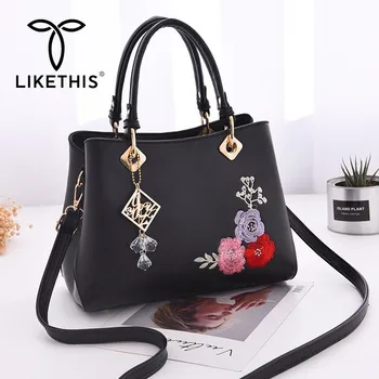 

LIKETHIS Leather Handbag Tote With Flowers Shoulder Bags Women Solid Embroidery Female Shopping Bolsos Feminina Torebki Damskie