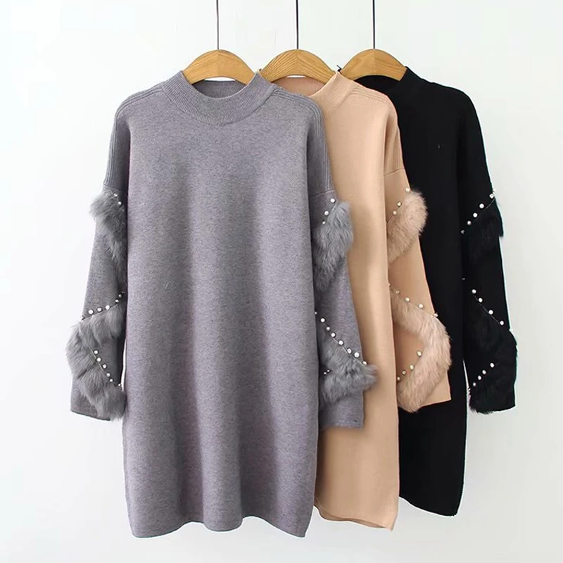 

Autumn Winter Pearl Rabbit Fur Long Sweater Women Dress 2018 Jumper Pullover Sexy Mini Knitted Dresses Ladies Clothing Femme