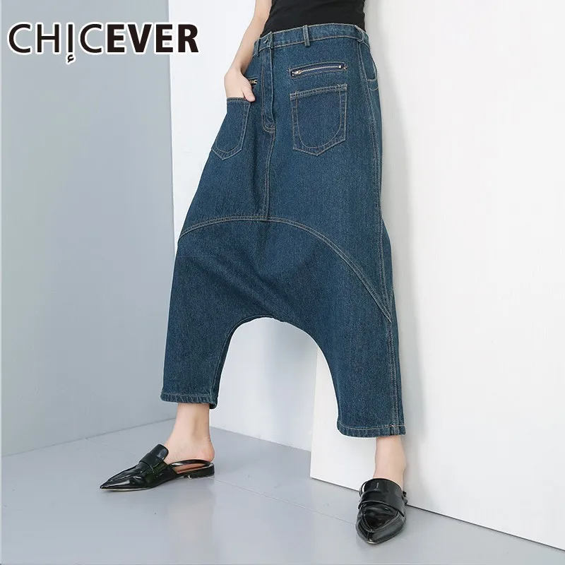

CHICEVER Spring Wash Denim Female Jeans Mid Button Fly Pockets Loose Plus Size Ankle-length Denim Women Harem Pants 2019 Fashion