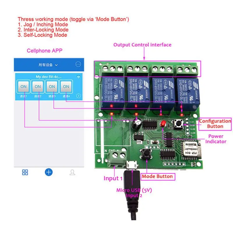 

5V/7V-32V Wide Input Range 4 Channel Jog/Inching DIY DC With Self-locking WiFi Wireless Smart Home Remote Control Switch