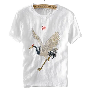 

#4743 Summer Chinese Style Casual Vintage White Fabric Linen T Shirt Men Short Sleeve With Embroidery Round Neck Retro Tops
