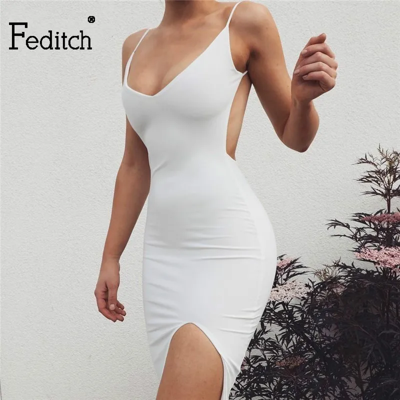 

Feditch Elegant Backless Summer Dress Women Spaghetti Strap Slim Pencil Dress Casual Beach Bodycon Dress Split Sundress Vestidos