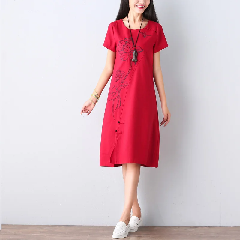 

Plus size women dress 2016 fashion loose waist short sleeved female top vintage style flower printed A-line female dress 330H 25