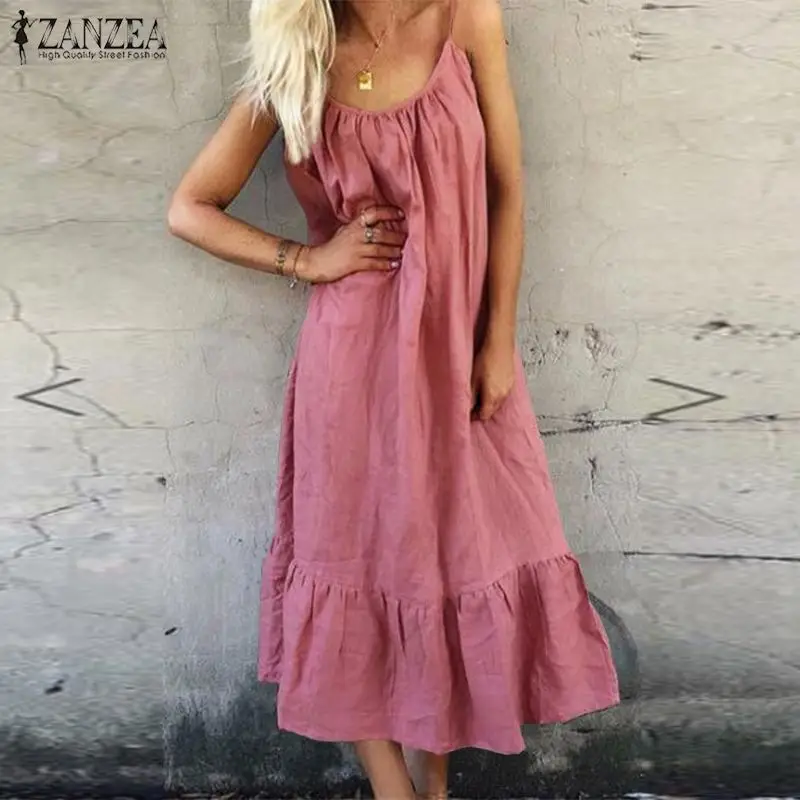 

ZANZEA Women Summer Dress Sundress Sexy Ladies Sleeveless Vestidos Female Vintage Sarafans Dresses Casual Ruffles Beach Robe 5XL