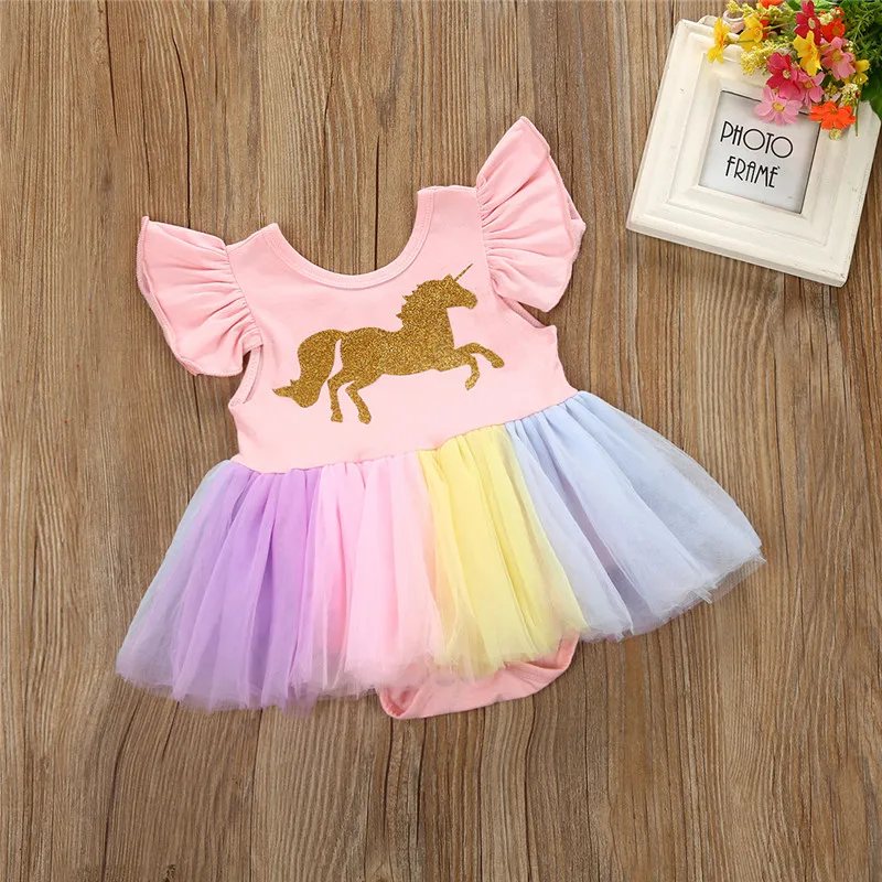 

2019 Cute Newborn Toddler Baby Girls Unicorn Tulle Tutu Romper Dress Butterfly Sleeve Fancy Outfits Costume 0 to 24M