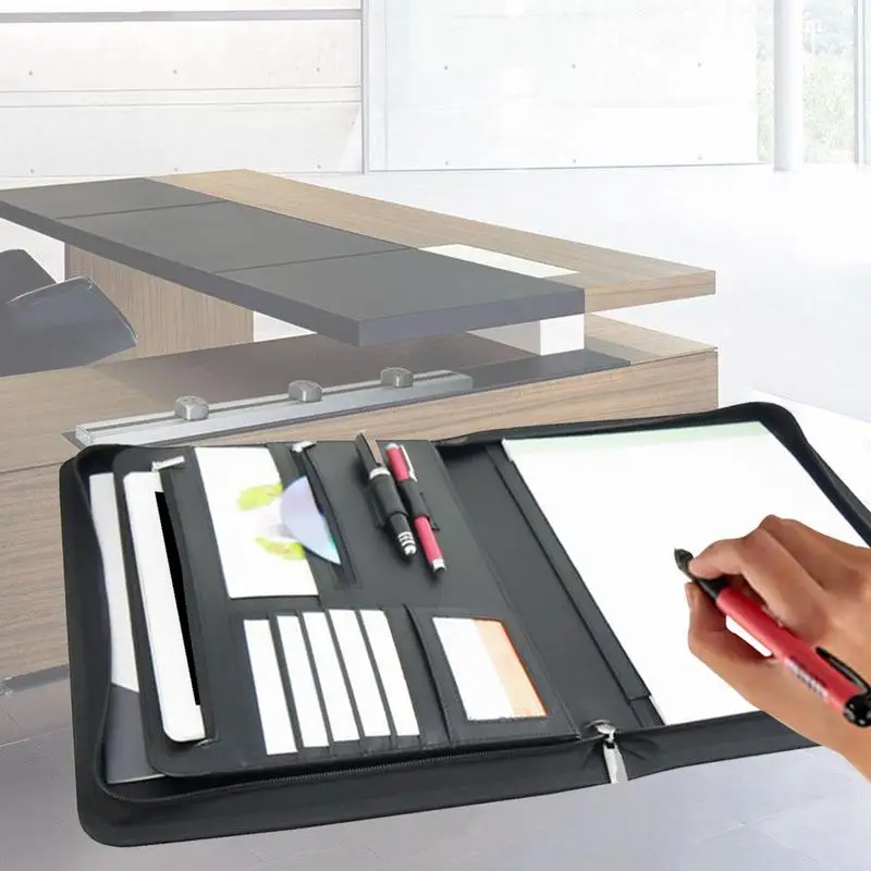 

A4 Portfolio Folder with Zippered Closure Multi-Functional PU Leather Organizer for Office Use with Clip Writing Pads