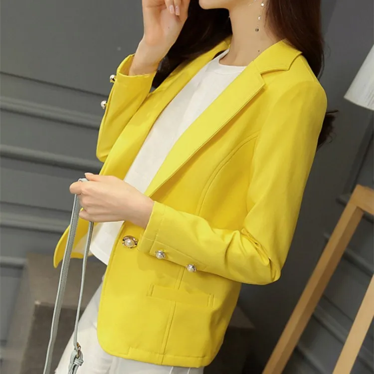 New Fashion Ladies Yellow/Black Slim Blazer Short Summer Simple Button Pockets Thin Casual Coats