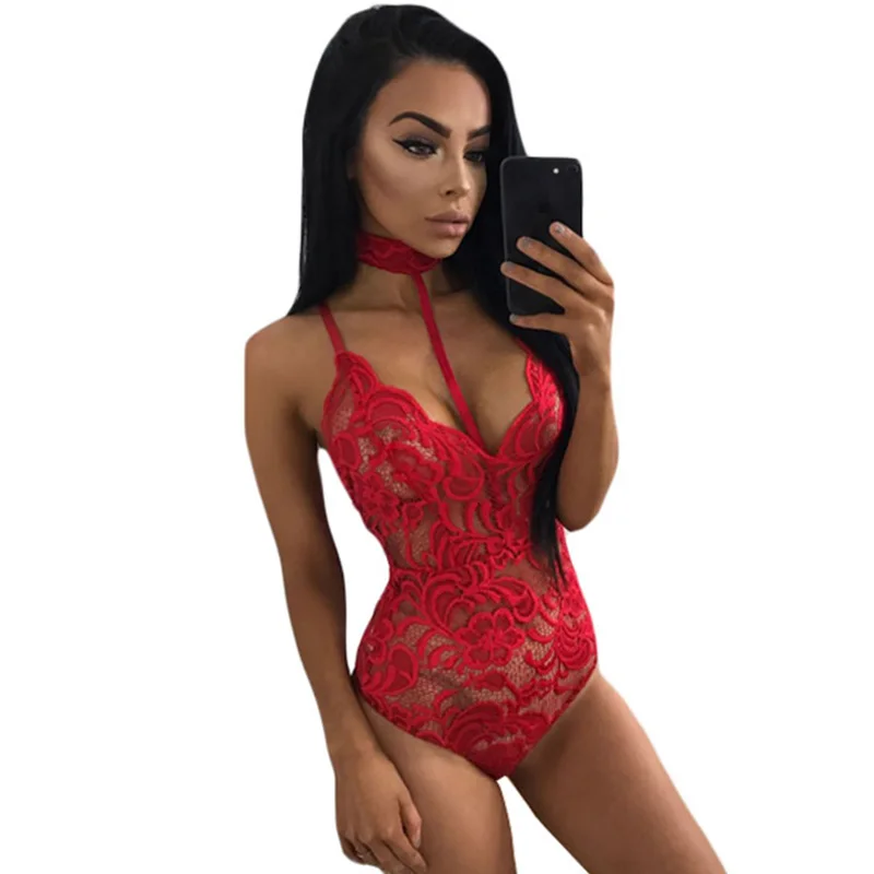 

Meihuida 2018 Elegant Floral Red Lace Bodysuit Women Backless Deep V Neck Sexy Jumpsuit Bodycon Halter Sleeveless Girl Clothes