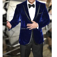 Two Piece Royal Blue Velvet Men Suits Prom Party Peaked Lapel Winter Men Jacket Pants Tailored Made Male Blazer