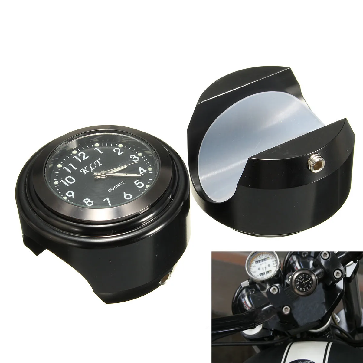 

Waterproof Universal 7/8" 1 inches Motorcycle Handlebar Mount Black Dial Clock Watch
