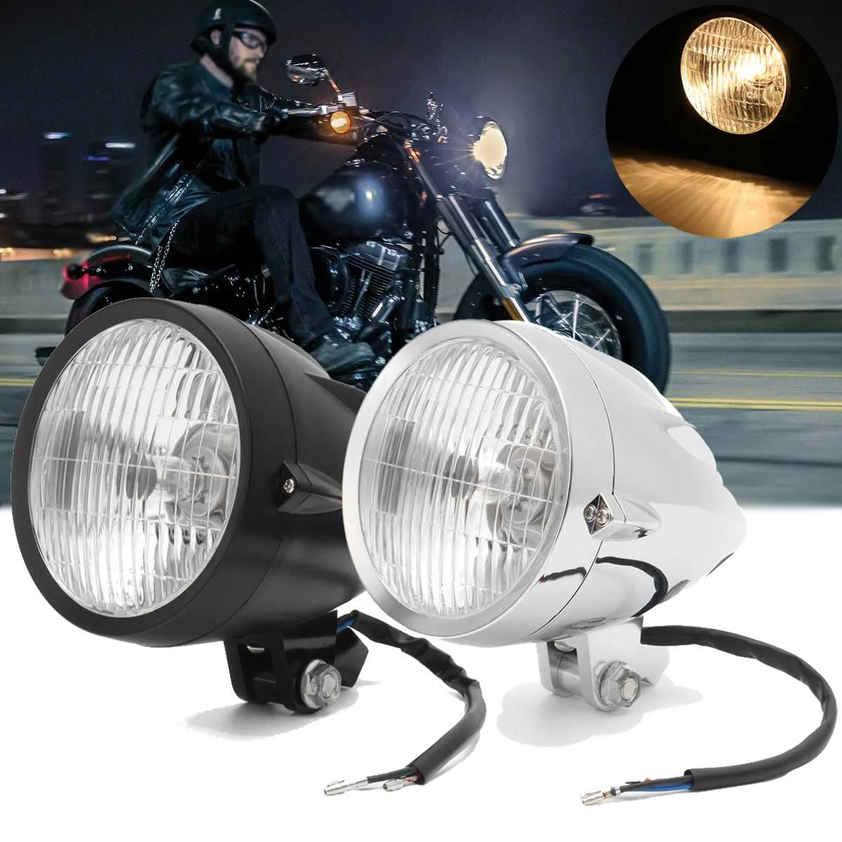 

12V Bullet H4 Tri-Bar Halogen Motorcycle Vintage Headlight Lamp Bulbs For Harley Bobber Chopper Custom