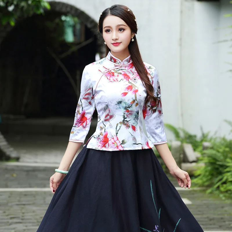 Плюс размер 4XL китайский костюм топы жаккард хлопок печать Короткие Cheongsam Ципао