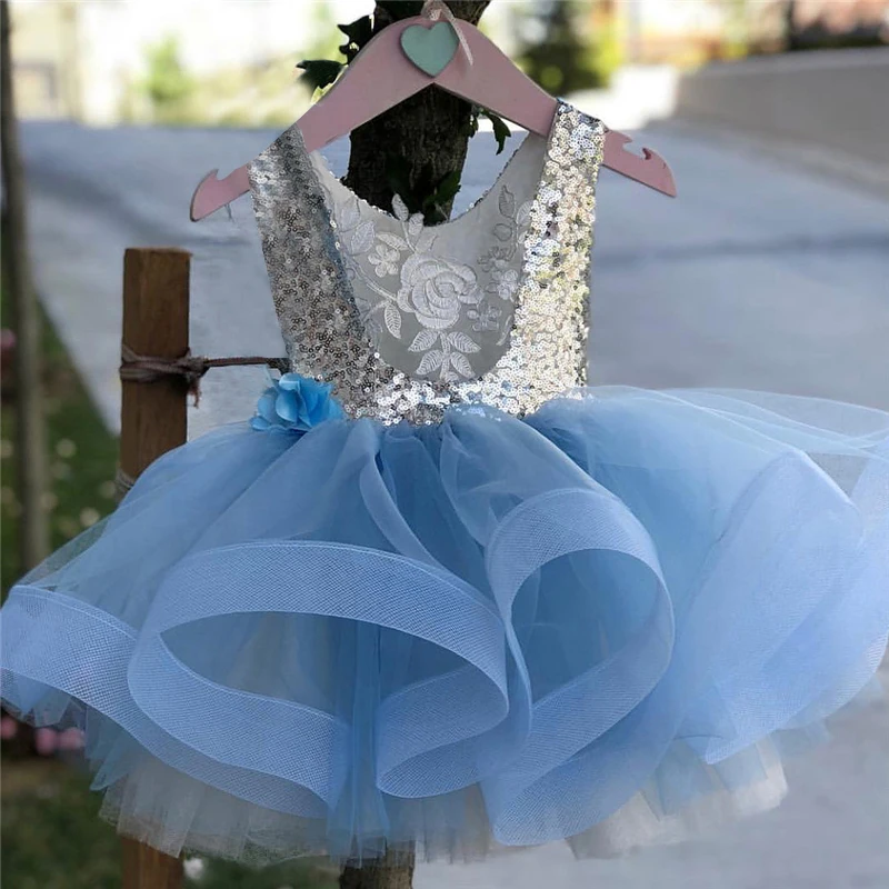 

2019 Princess Sweet 3-8Y Toddler Baby Girls Party Dress Sequined Blue Lace Patchwork Flowers Sleeveless Tutu Tulle Dress