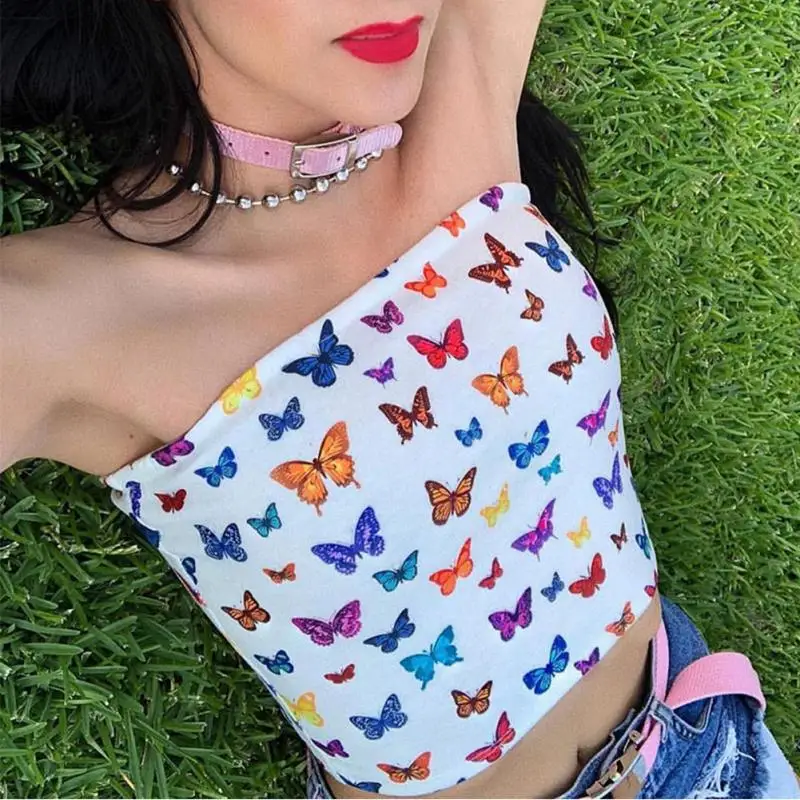 

2019 New Tube Tops Crop Women Summer Butterfly Strapless Tube Top Sexy Slim Soft Tube Top Print Wrapped Tops Sin Tirantes #190