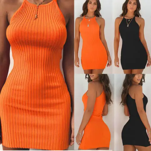 

Women Sexy Summer Sleeveless Tank Solid Prom Evening Party Slim Mini Short Knitted Bodycon SunDress
