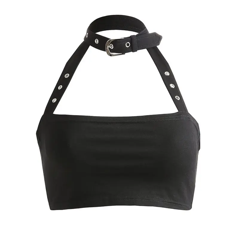 

Rosetic Women Tube Tops Sexy Black Gothic Cool Punk Style Slim Halter Plain Club Goth Female Punk Hip Hop Dark Wrap Chest
