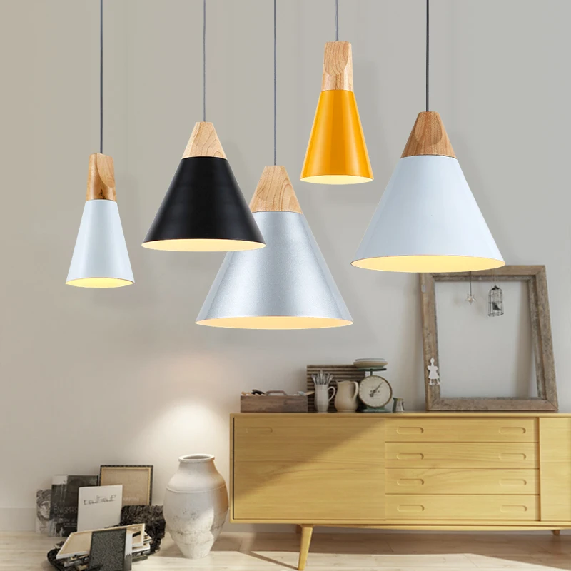 

One combo 3PCS Nordic Pendant Light Wood Aluminum Lampshade Industrial Lighting Loft Lamparas droplamp E27 3W led bulb AC220V
