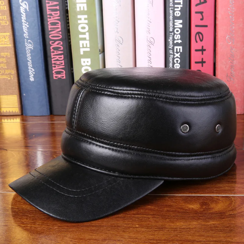 

Leather Hat Male Sheepskin Flat Roof Hat Elderly Cotton-padded Cap Keep Warm Peaked Cap