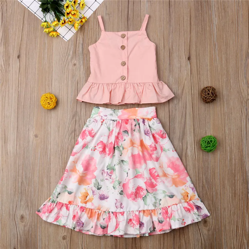 

2-6T Boho Beach Summer Kids Baby Girl Clothing Sleeveless Ruffles Vest Top Long Skirts set Cute Princess Floral Dress set Outfit