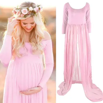 

Pink Pregnant Women Maternity Dress with Flower Headband Maternity Photography Props Pregnancy Dress Clothes for Photo Shoot